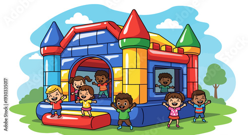 A vibrant illustration of diverse children joyfully playing inside and around a colorful inflatable bounce house on a sunny day.