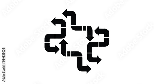 Abstract black arrows forming a complex pathway or maze on a white background, symbolizing direction and complexity.