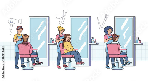 Three hairdressers are busy styling customers' hair in a brightly lit salon with large mirrors.