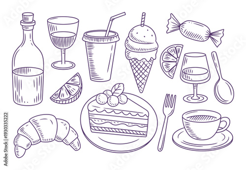 Hand-Drawn Assortment of Desserts, Drinks, and Pastries