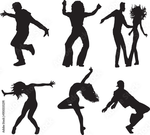 Silhouettes of people dancing in various styles and poses.