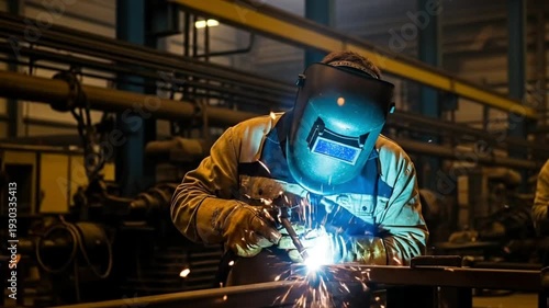 A welder sparks creativity in a bustling industrial workshop.