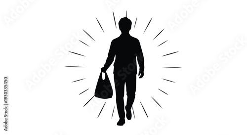 Silhouette of a person walking confidently with a bag, radiating positive energy