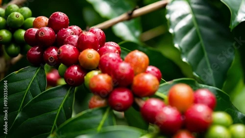 Close-up of fresh coffee berries on green leaves with raindrops.