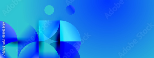 Abstract blue shapes overlap, creating dynamic composition. Gradient hues suggest depth, modern aesthetic. Minimalist design.