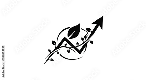 Sustainable growth represented by an upward trending arrow entwined with leaves and vines.