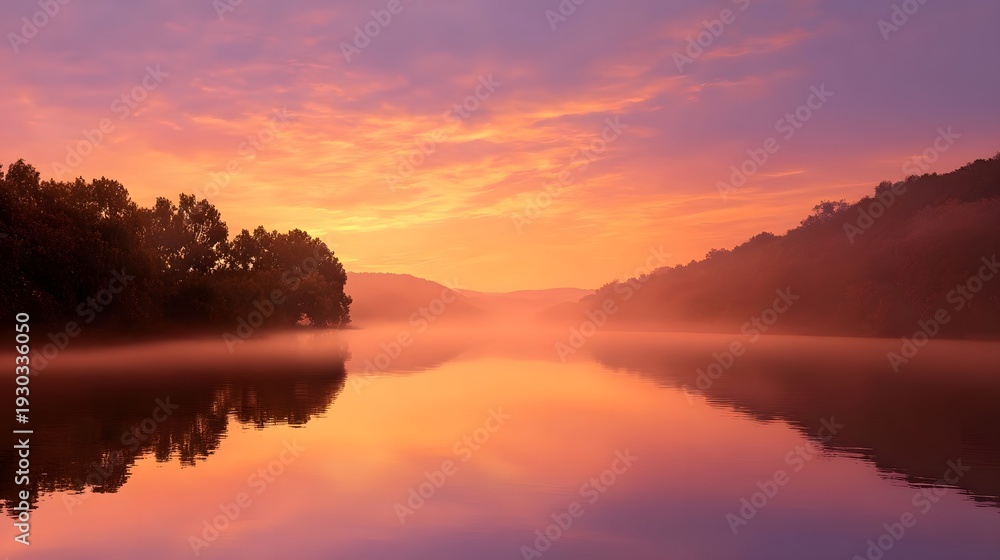 Obraz premium A vibrant misty sunrise casts warm orange and pink hues over a tranquil lake reflecting the colorful sky and forested hills