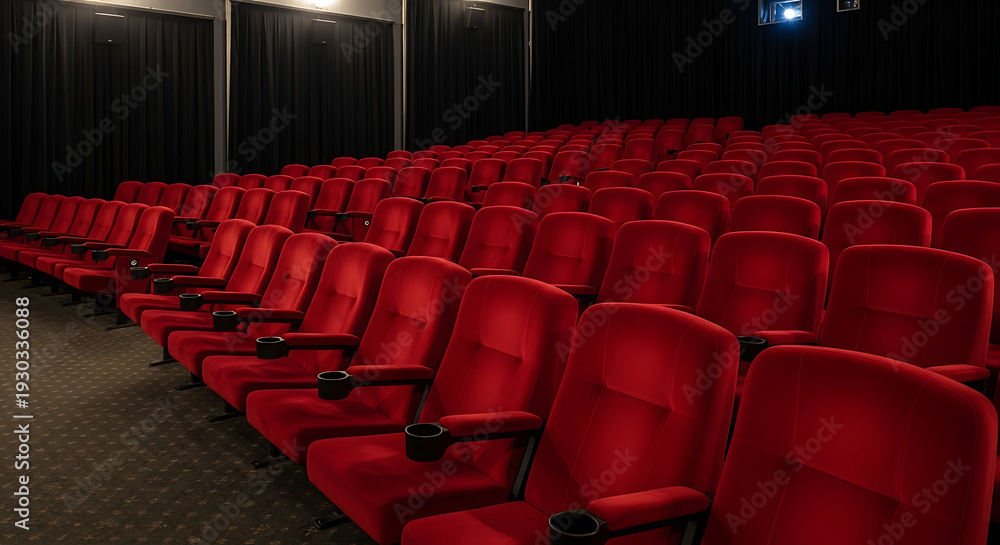 Fototapeta premium Perspective view of empty red velvet seats in a dark cinema hall with plush chairs receding into the distance for a cinematic movie theater experience.