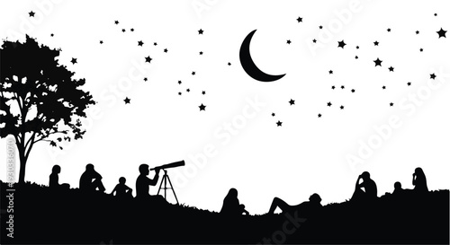 Silhouetted group stargazing under a crescent moon and starry night sky.