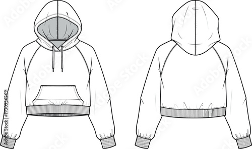 Blank women cropped hoodie sweatshirt technical fashion flat sketch vector illustration front and back view with raglan sleeves kangaroo pocket