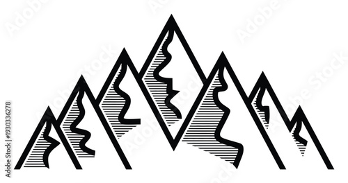 Stylized Black and White Mountain Range with Geometric Peaks and Hatching