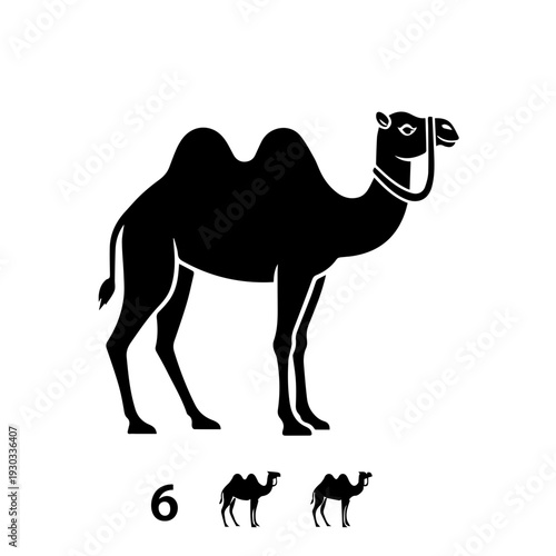 A black silhouette camel with two smaller camels in the background and a number six