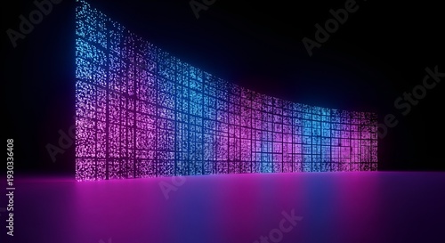 abstract digital art wall, neon grid, glowing futuristic background