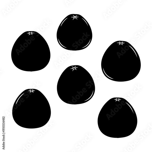 Five black spherical objects arranged in a triangular formation against a plain background