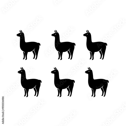 Six stylized silhouettes of llamas standing in a row against a plain background
