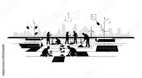 Community cultivates urban garden with sustainable technology and city skyline backdrop