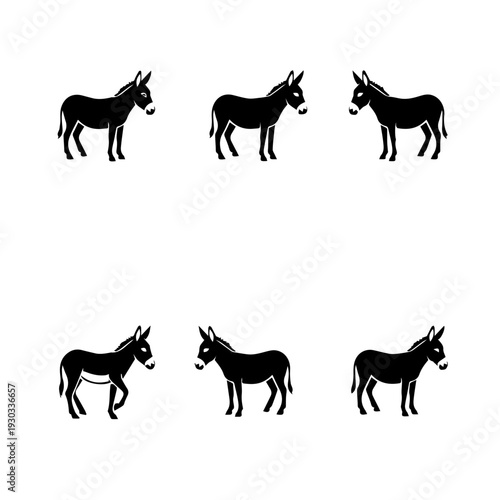 Six stylized black silhouettes of donkeys standing and walking in a grid formation