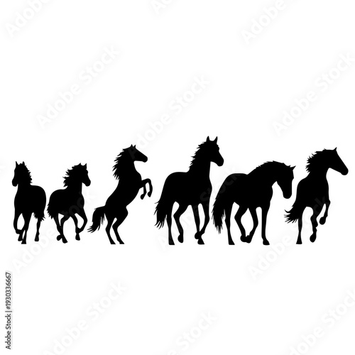 Silhouettes of five galloping horses in a line against a white background