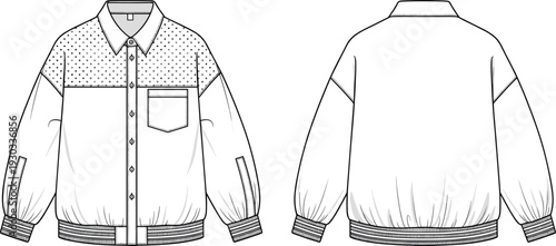 Oversized shirt jacket vector flat sketch with studded yoke, drop shoulders, ribbed hem, balloon sleeves, front and back technical illustration.