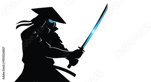 Silhouette of a warrior with a glowing sword, ready for battle.