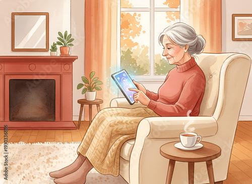 AI Assisting Elderly Woman at Home - Watercolor Lifestyle Illustration
