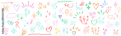 Colorful doodle element vector set. hand drawn minimal abstract artistic elements. crown, heart, lightning, bow, star, lightbulb, arrow, swirl, rainbow, speech bubble, vector illustration