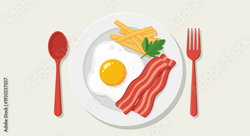 Breakfast Plate Illustration – Fried Egg Bacon and Fries Vector Design