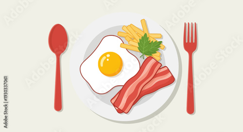 Breakfast Plate Illustration – Fried Egg Bacon and Fries Vector Design