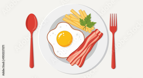 Breakfast Plate Illustration – Fried Egg Bacon and Fries Vector Design