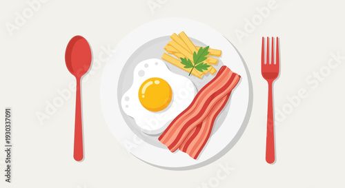 Breakfast Plate Illustration – Fried Egg Bacon and Fries Vector Design