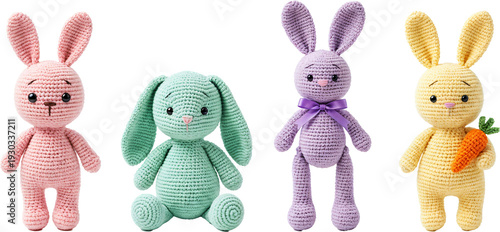four crocheted bunny stuffed animals, pastel colors.