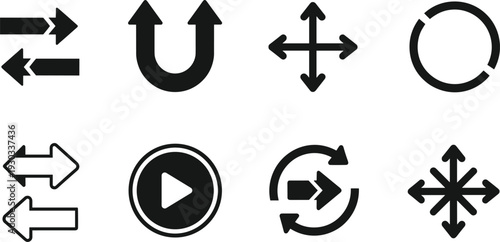 Arrow direction icon set with navigation symbols, refresh loop, play button and multidirectional pointers for user interface, web design and mobile app controlsArrow direction icon set with