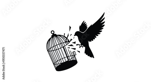 Silhouette of a bird breaking free from a cage, symbolizing freedom and escape.