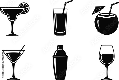 Cocktail and Drink Glasses Vector Silhouette Set for Bar Menu and Party Design