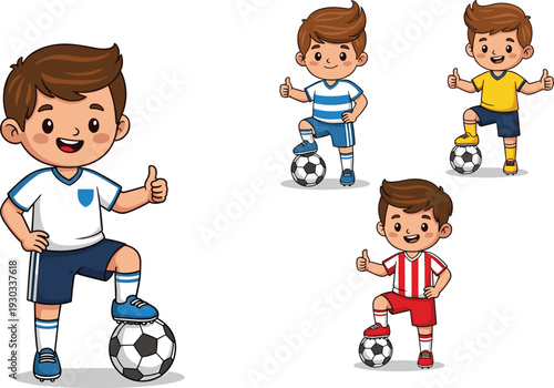 Cute cartoon soccer boy characters with football in different uniforms, kids sports illustration set for school team, youth activity and children game designCute cartoon soccer bo