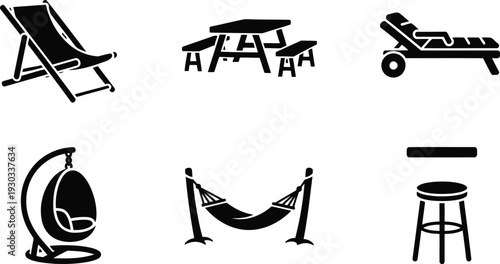Outdoor furniture vector silhouette set with hammock, lounge chair, picnic table, and stool icons