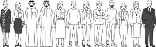 Diverse business people line art illustration with men and women in formal and traditional attire, professional team character set for corporate and multicultur
