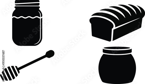 Honey Jar with Dipper and Bread Loaf Vector Icons Set Isolated on White for Breakfast Menu and Bakery Design