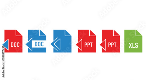 Document file format icons with doc, ppt and xls extensions in colorful flat style for office documents, business presentations and spreadsheet data managementDocument file format ic