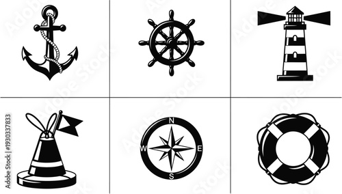 Nautical vector silhouette set with anchor, lighthouse, compass, lifebuoy, helm, and buoy icons