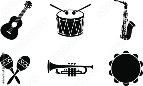 Musical Instruments Vector Silhouette Set Featuring Guitar, Drum, Saxophone, Trumpet, Maracas, Tambourine