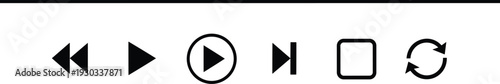 Media player control icon set with play, pause, stop, rewind, fast forward and refresh symbols for web interface, music app and video streaming designMedia player control icon set w