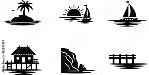 Tropical beach and ocean landscape vector silhouette set with island, sunset, sailboat, and hut