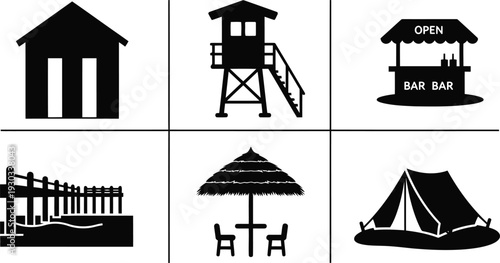 Beach Vacation Vector Silhouette Set with Hut, Lifeguard Tower, Bar, Pier, Umbrella, Tent Icons