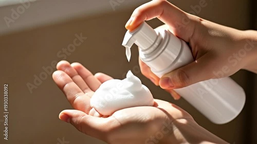 A hand dispensing a creamy foam from a bottle, showcasing skincare product.