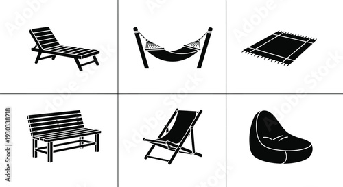 Outdoor furniture vector silhouette set with hammock, bench, lounger, deck chair, rug, bean bag