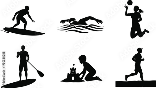 Summer sports and beach activities vector silhouette set for outdoor recreation designs