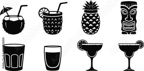 Tropical cocktail drinks vector silhouette set with tiki, pineapple, coconut, margarita glasses