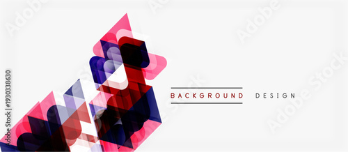 Abstract geometric shapes overlap, creating dynamic visual effect. Pink, blue hues dominate white background. Modern design element.