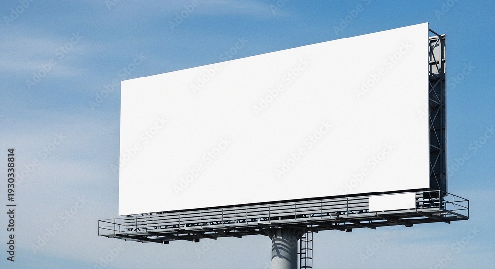 Fototapeta premium Gigantic White Billboard Presenting Marketing Space Outdoor Urban Horizon Vivid Blue Sky Clear Sunlight